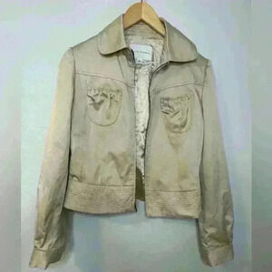 Banana Republic Jacket Cropped Collared Full Zip Lined Duo Pockets Beige Women M